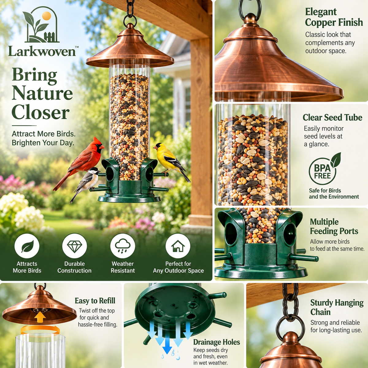 Copper Roof Tube Bird Feeder